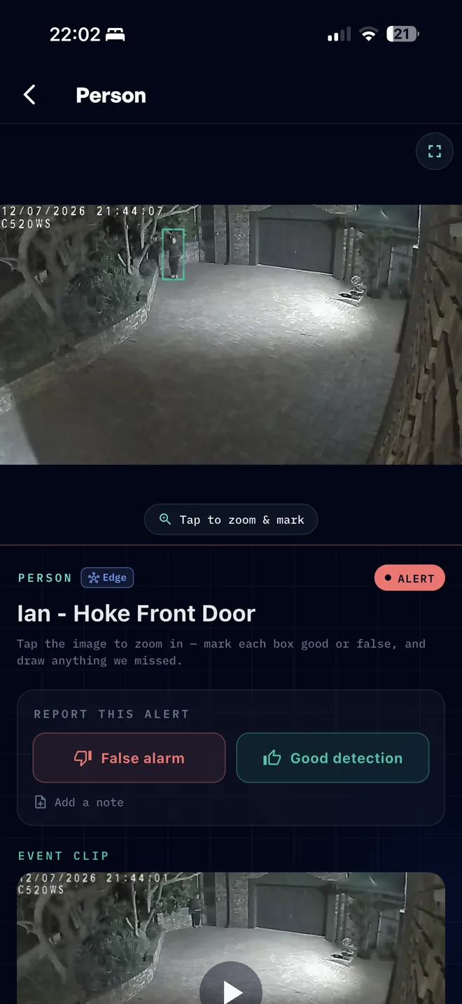 Night-time person detection shown in the Ghosthome Guard app